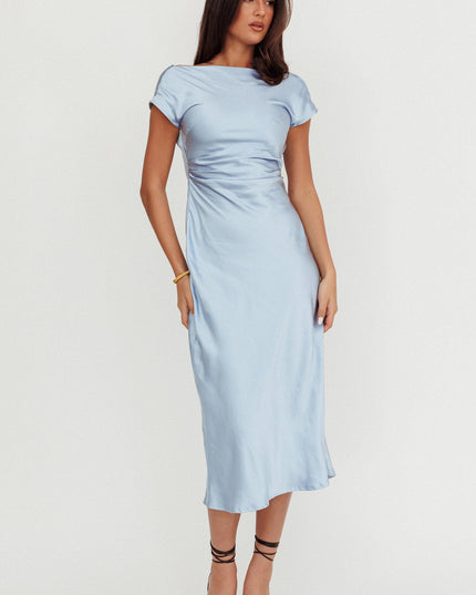 Baby Blue Cap Sleeve Cowl Back Midi Dress
