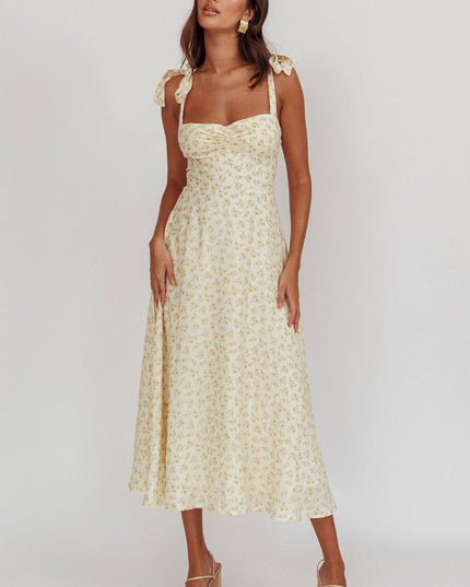Yellow Floral Tied Straps Midi Dress