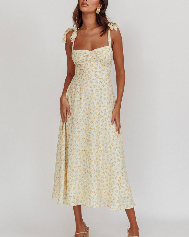 Yellow Floral Tied Straps Midi Dress