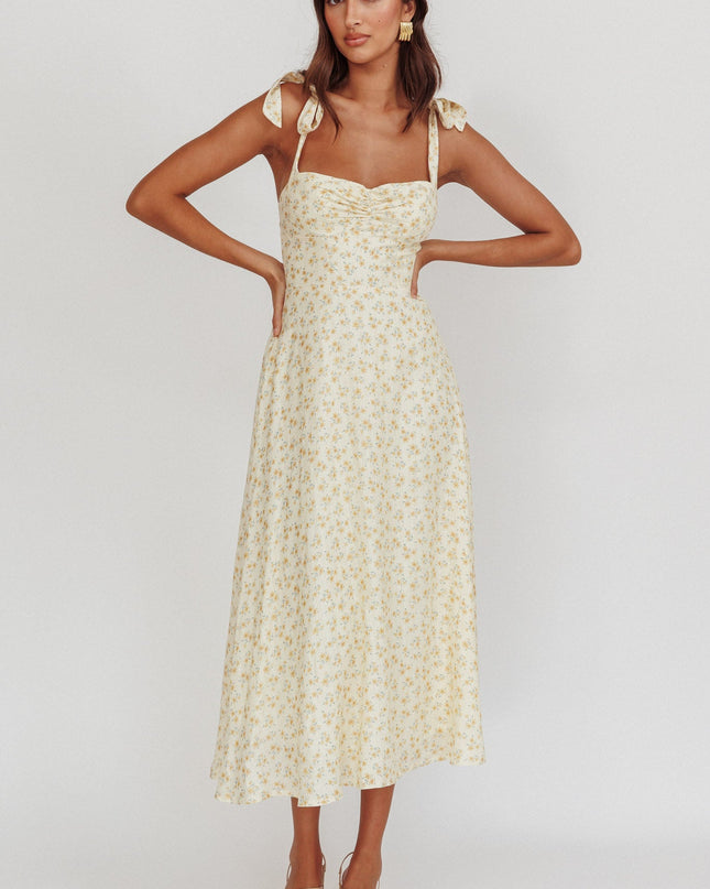 Yellow Floral Tied Straps Midi Dress
