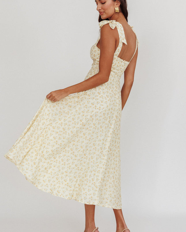 Yellow Floral Tied Straps Midi Dress