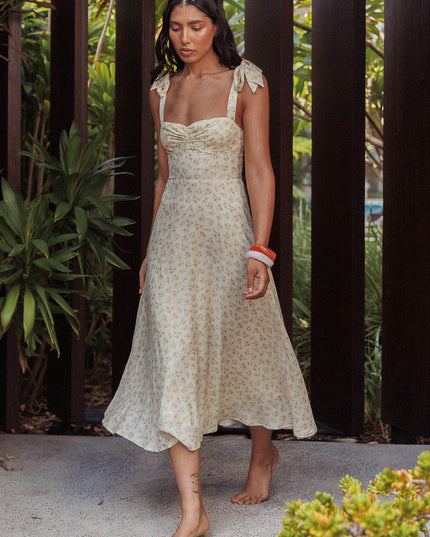Yellow Floral Tied Straps Midi Dress
