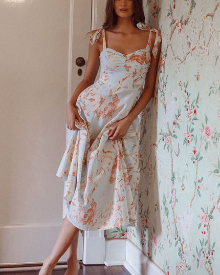 Blue Tied Shoulder Midi Dress Floral