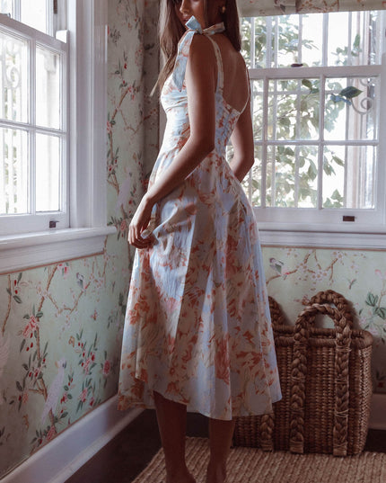 Blue Tied Shoulder Midi Dress Floral
