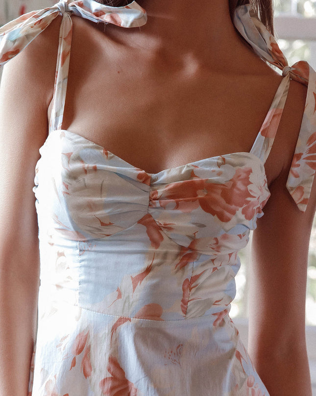 Blue Tied Shoulder Midi Dress Floral