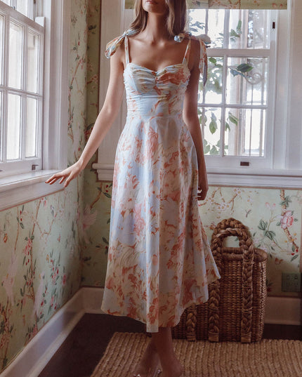 Blue Tied Shoulder Midi Dress Floral