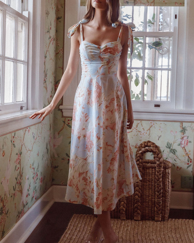Blue Tied Shoulder Midi Dress Floral