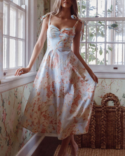 Blue Tied Shoulder Midi Dress Floral