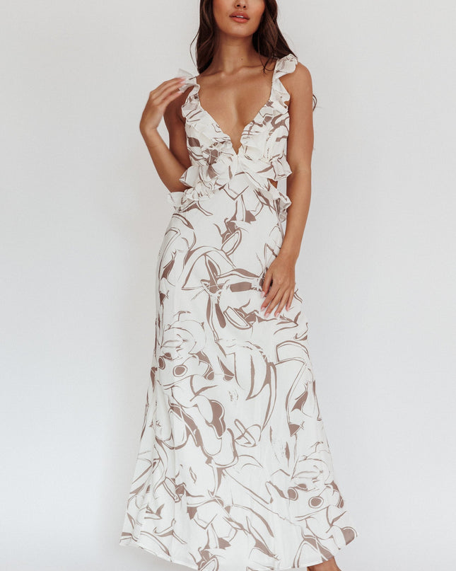 Mocha Ruffle Trim Maxi Dress