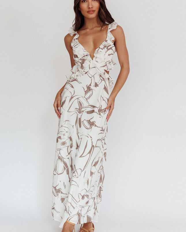 Mocha Ruffle Trim Maxi Dress
