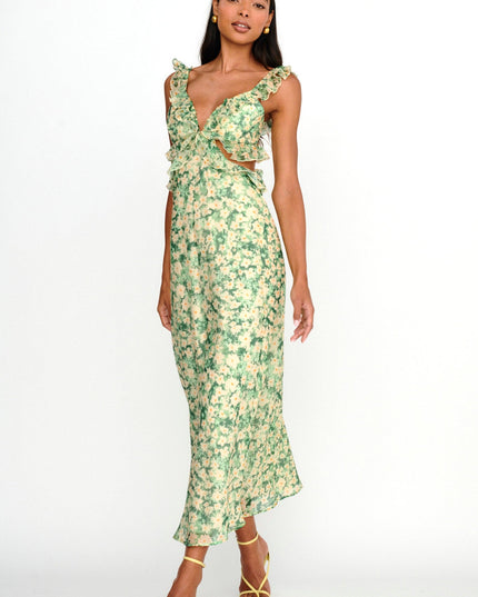 Green Ruffle Trim Maxi Dress Flowers
