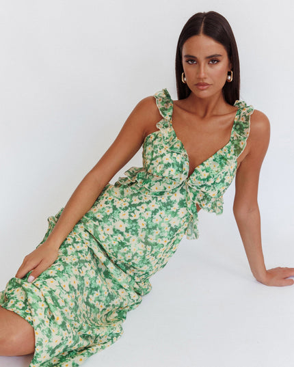 Green Ruffle Trim Maxi Dress Flowers