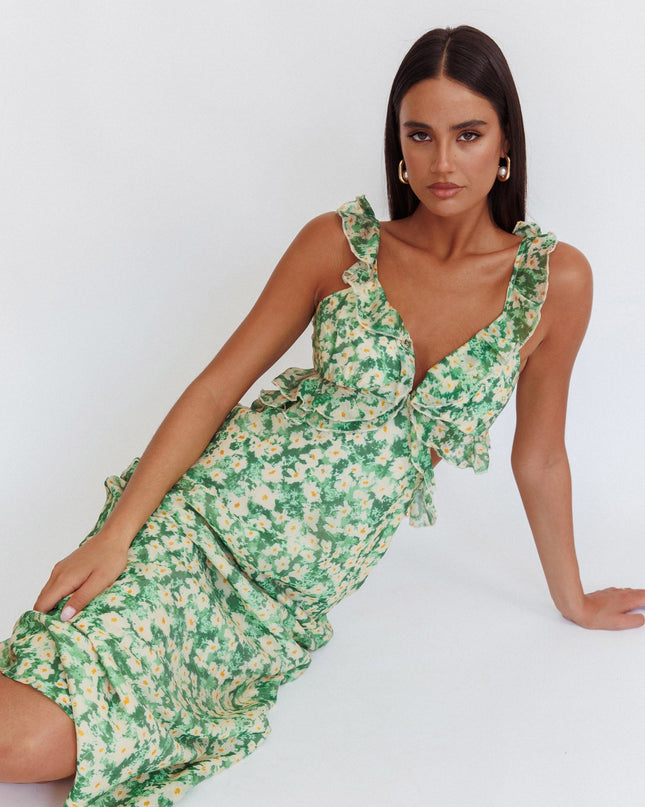 Green Ruffle Trim Maxi Dress Flowers