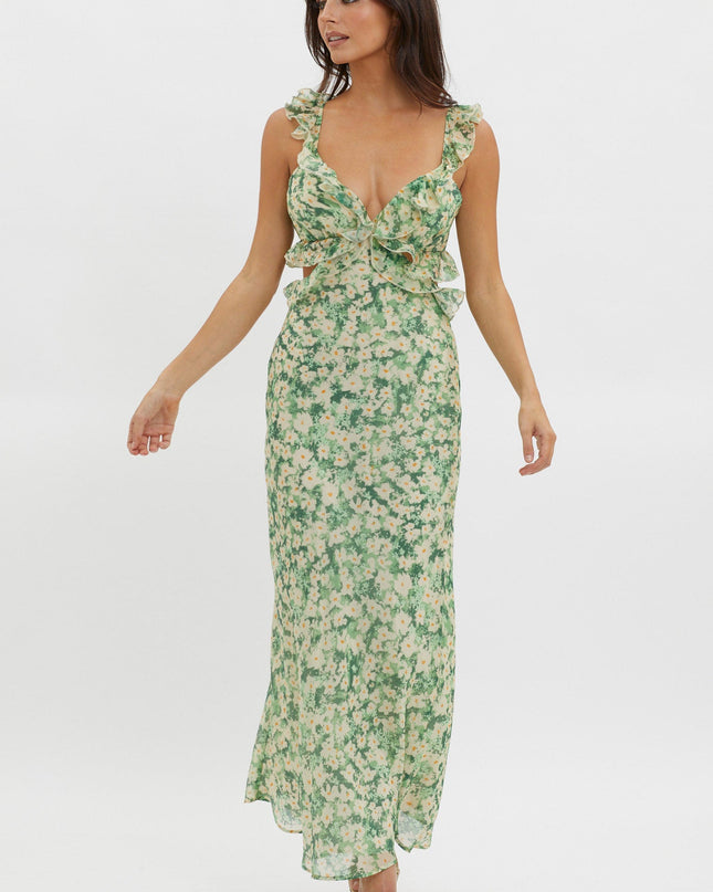 Green Ruffle Trim Maxi Dress Flowers