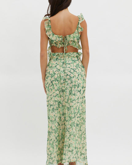 Green Ruffle Trim Maxi Dress Flowers