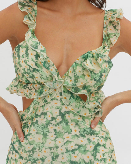 Green Ruffle Trim Maxi Dress Flowers