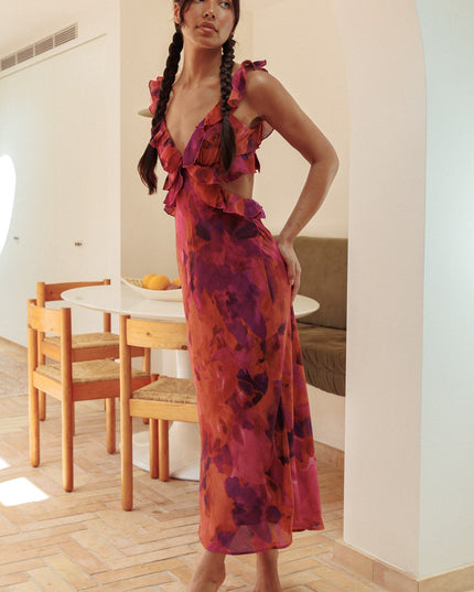 Rose Ruffle Trim Maxi Dress Flowers Dark