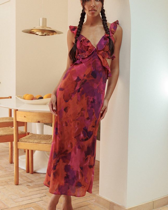 Rose Ruffle Trim Maxi Dress Flowers Dark