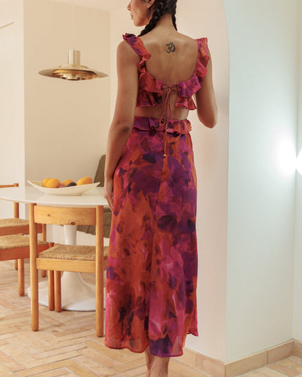 Rose Ruffle Trim Maxi Dress Flowers Dark