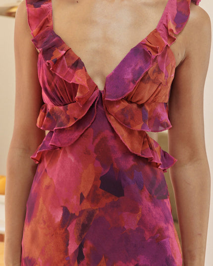 Rose Ruffle Trim Maxi Dress Flowers Dark