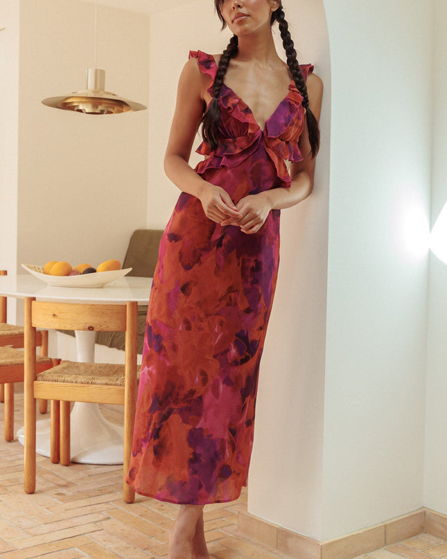 Rose Ruffle Trim Maxi Dress Flowers Dark