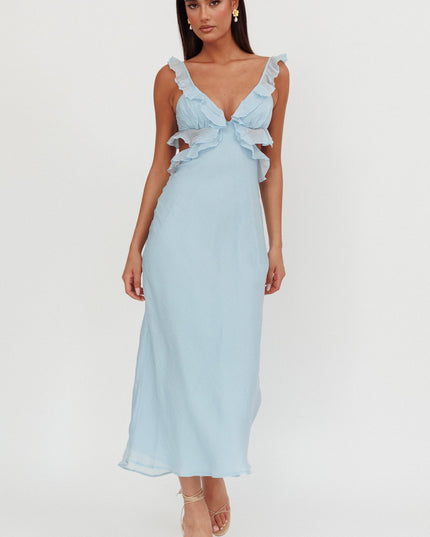 Blue Ruffle Trim Maxi Dress