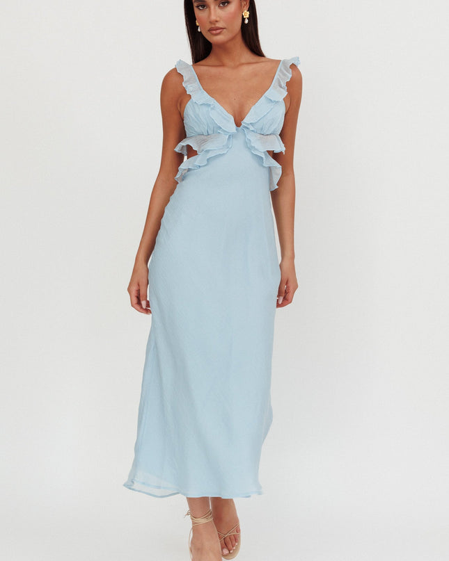 Blue Ruffle Trim Maxi Dress