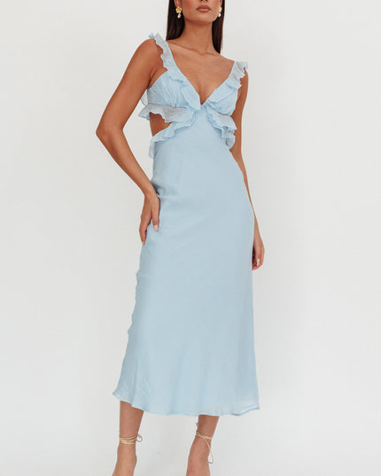 Blue Ruffle Trim Maxi Dress
