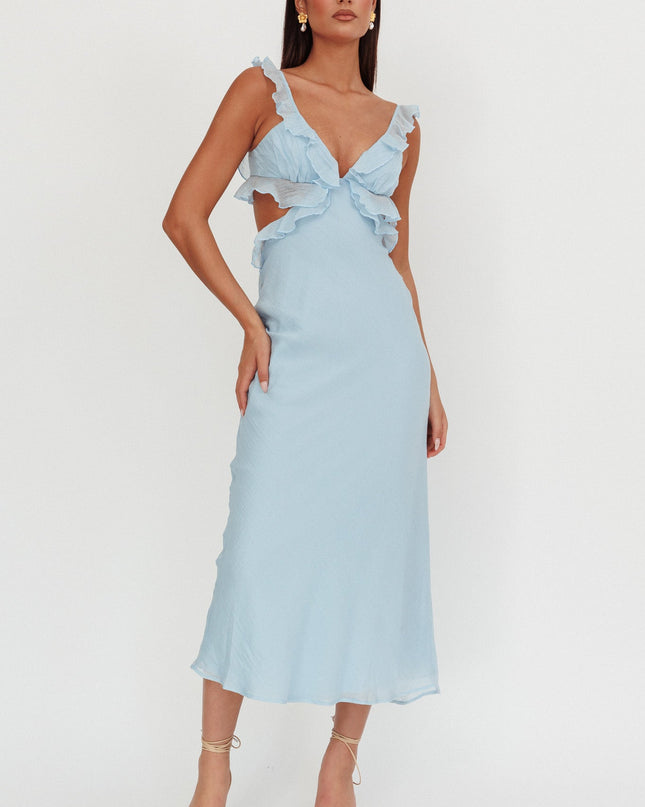 Blue Ruffle Trim Maxi Dress