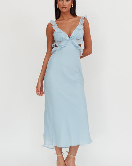 Blue Ruffle Trim Maxi Dress