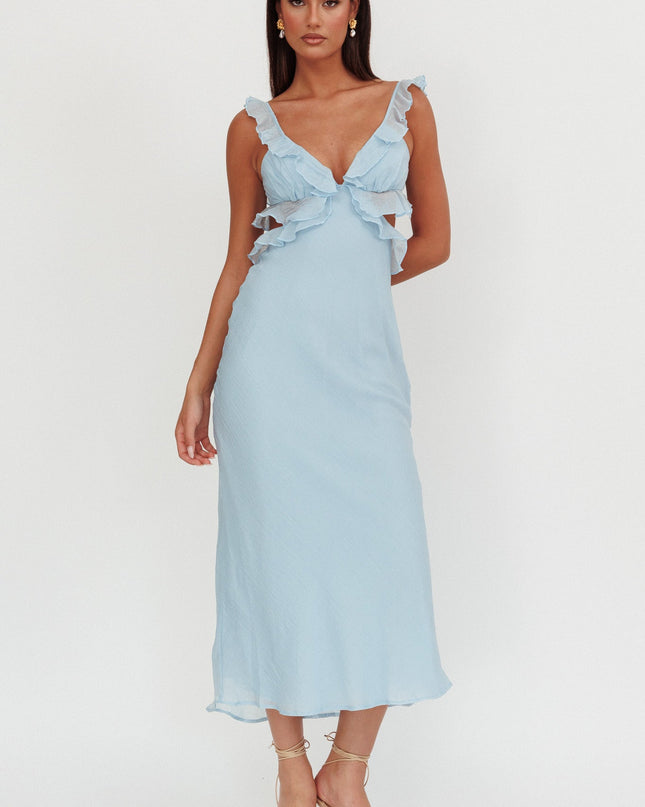 Blue Ruffle Trim Maxi Dress