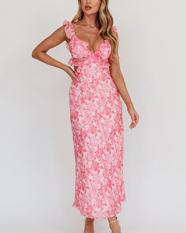 Pink Ruffle Trim Maxi Dress Floral