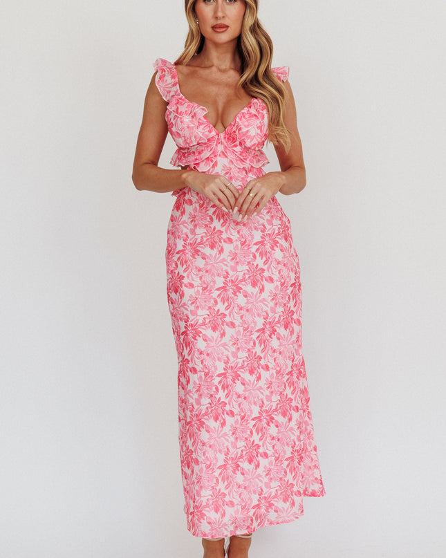 Pink Ruffle Trim Maxi Dress Floral