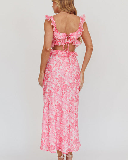 Pink Ruffle Trim Maxi Dress Floral