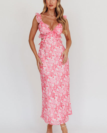 Pink Ruffle Trim Maxi Dress Floral