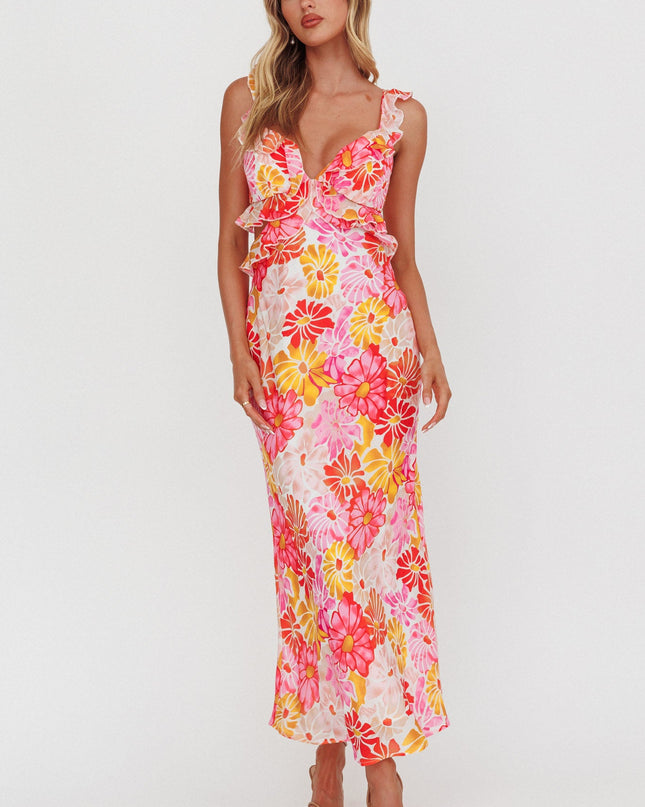 Pink Ruffle Trim Maxi Dress Flower