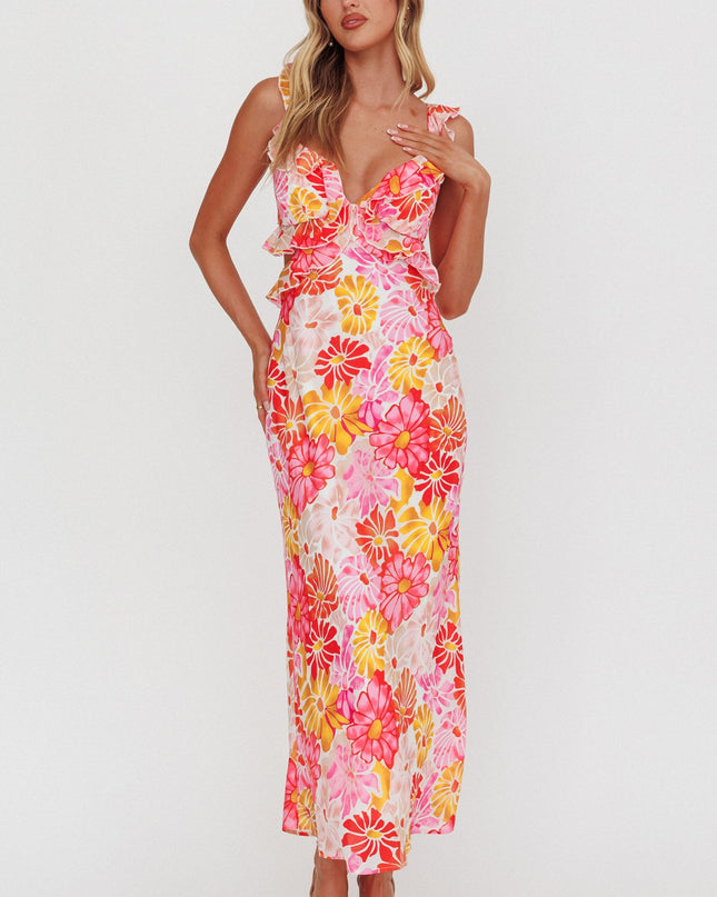Pink Ruffle Trim Maxi Dress Flower