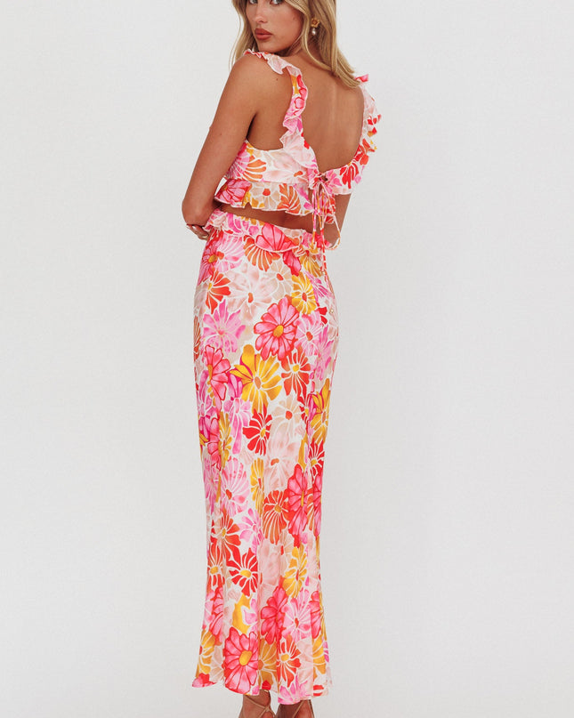 Pink Ruffle Trim Maxi Dress Flower