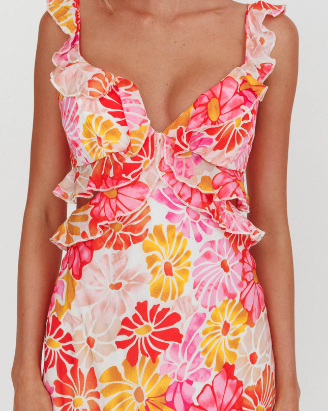 Pink Ruffle Trim Maxi Dress Flower