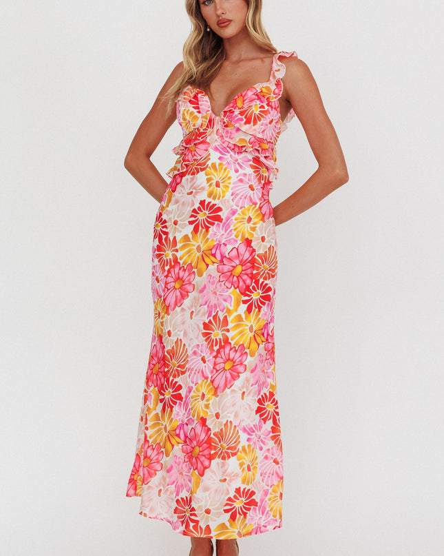 Pink Ruffle Trim Maxi Dress Flower