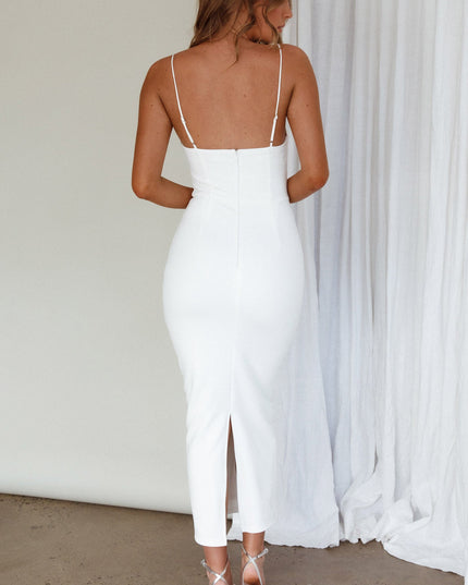 White Diamante Trim Midi Dress