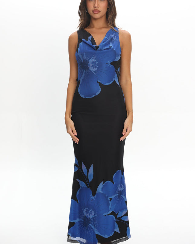 Blue Open Back Maxi Dress Hibiscus