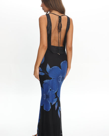 Blue Open Back Maxi Dress Hibiscus