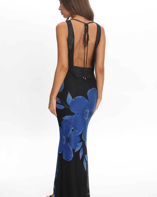 Blue Open Back Maxi Dress Hibiscus
