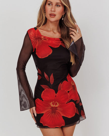 Black Long Sleeve Backless Mini Dress Hibiscus