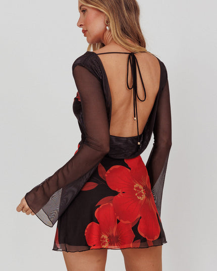 Black Long Sleeve Backless Mini Dress Hibiscus