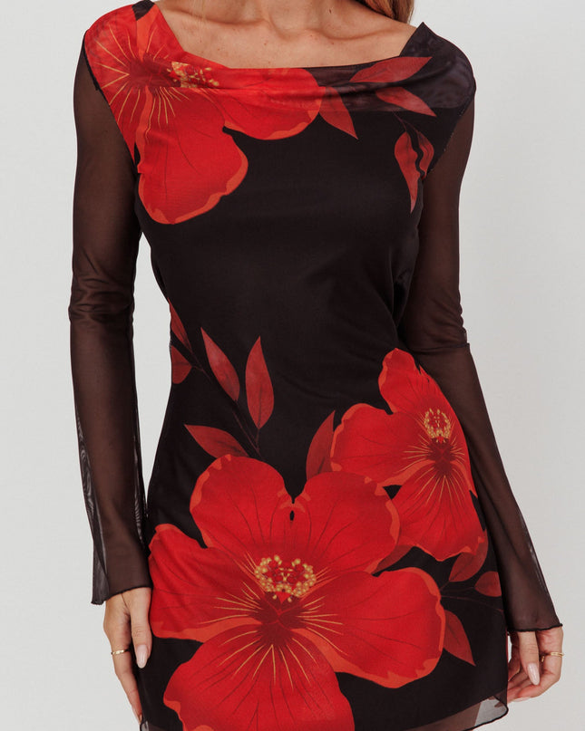 Black Long Sleeve Backless Mini Dress Hibiscus
