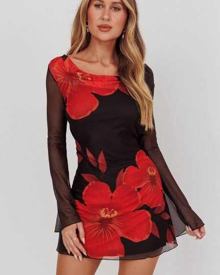 Black Long Sleeve Backless Mini Dress Hibiscus