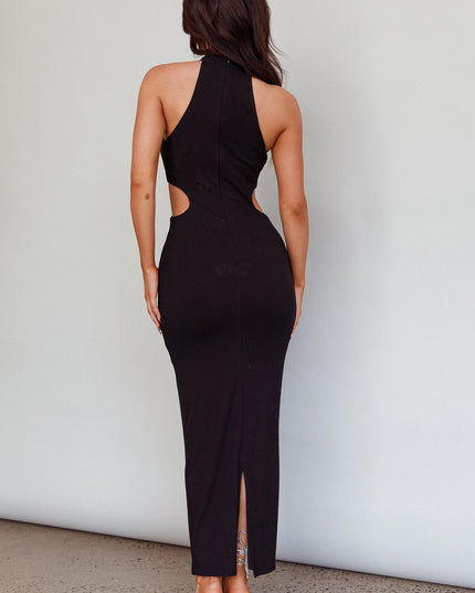 Black Keyhole Ribbed Midi Dress