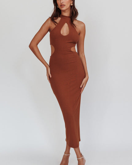 Brown Keyhole Ribbed Midi Dress
